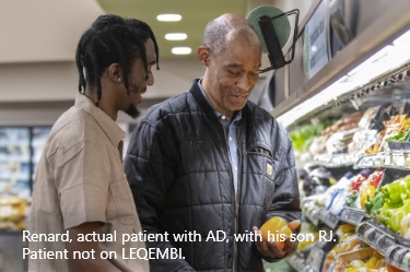 A father and adult son shopping together at a supermarket